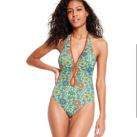 Rhode Zinnia Floral Print Halter High Leg Cheeky One Piece Swimsuit NEW - Picture 2 of 8
